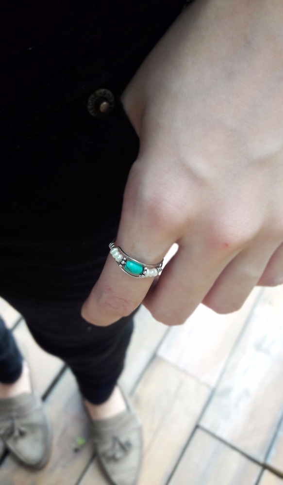 戒指◎綠松石*珍珠可調式繞線不鏽鋼戒指 第2張的照片