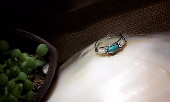 戒指◎綠松石*珍珠可調式繞線不鏽鋼戒指 第4張的照片