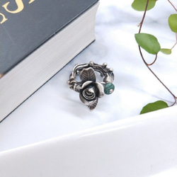 【獨一商品】戒指。925玫瑰花瓣*綠松石純銀戒指 第2張的照片