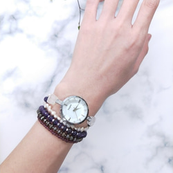 【獨一商品】天然紫水晶*珍珠*紅石榴石礦石手錶多圈手鍊 第2張的照片