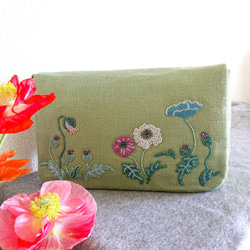 落ち着いたグリーンのインドシルクにポピーの花をビーズ刺繍したバッグ　　☆送料無料 6枚目の画像