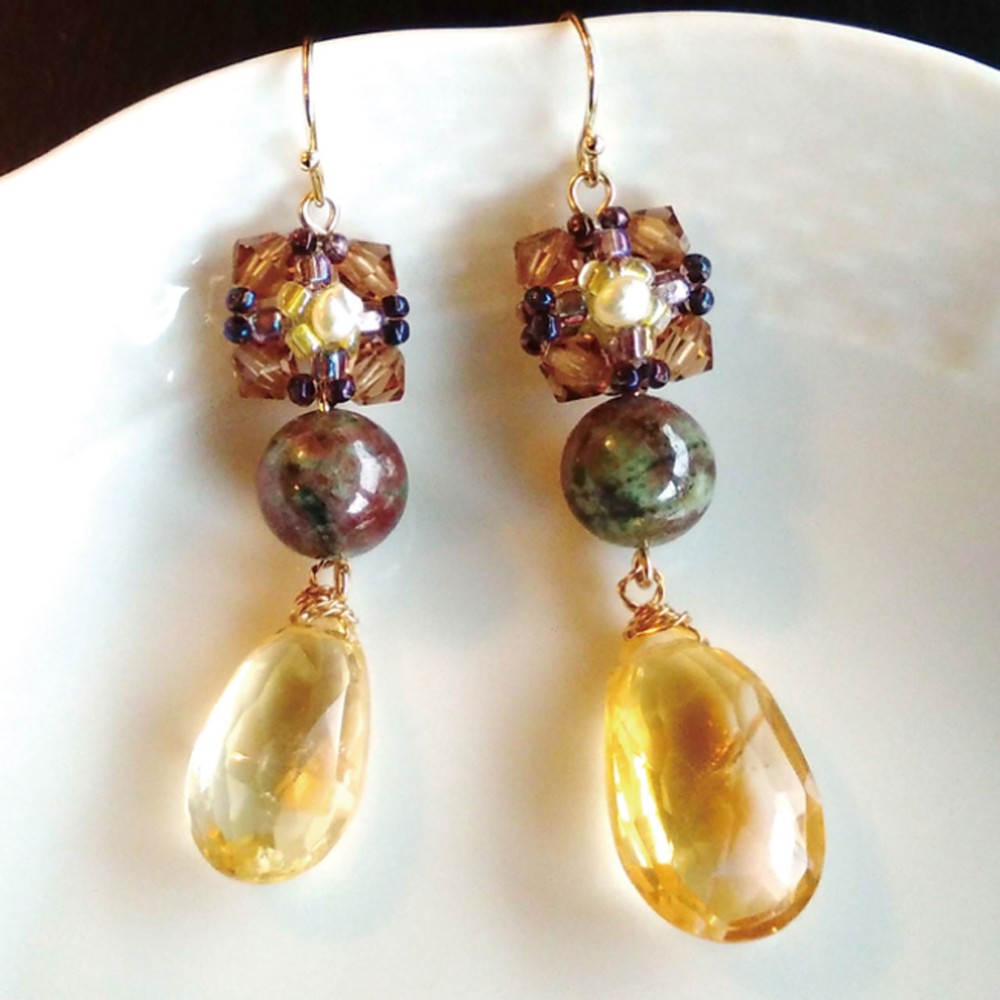 ちょっぴりゴージャスにリンクコーデ♥♥アンティーク風なシトリンとスワロフスキーの大ぶりピアス