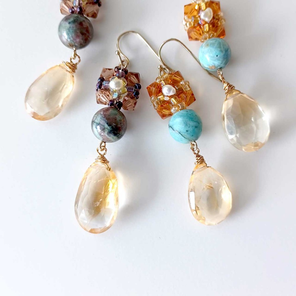 ちょっぴりゴージャスにリンクコーデ♥♥アンティーク風なシトリンとスワロフスキーの大ぶりピアス