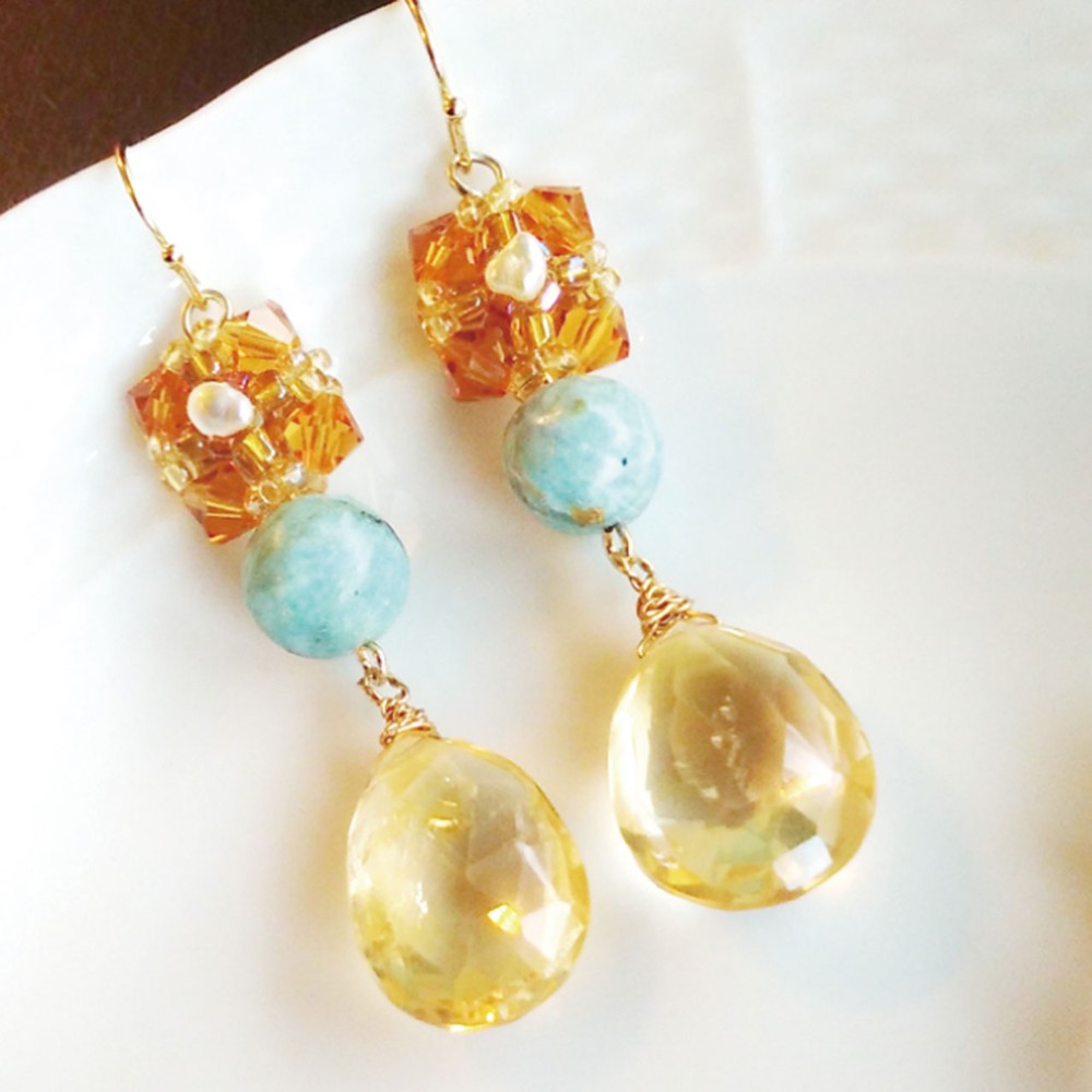 ちょっぴりゴージャスにリンクコーデ♥♥アンティーク風なシトリンとスワロフスキーの大ぶりピアス