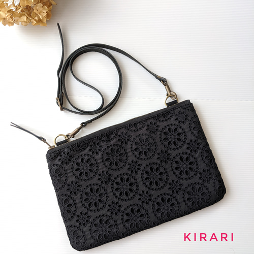 送料無料】両面レース♪本革ショルダーのレースのサコッシュ 黒レース