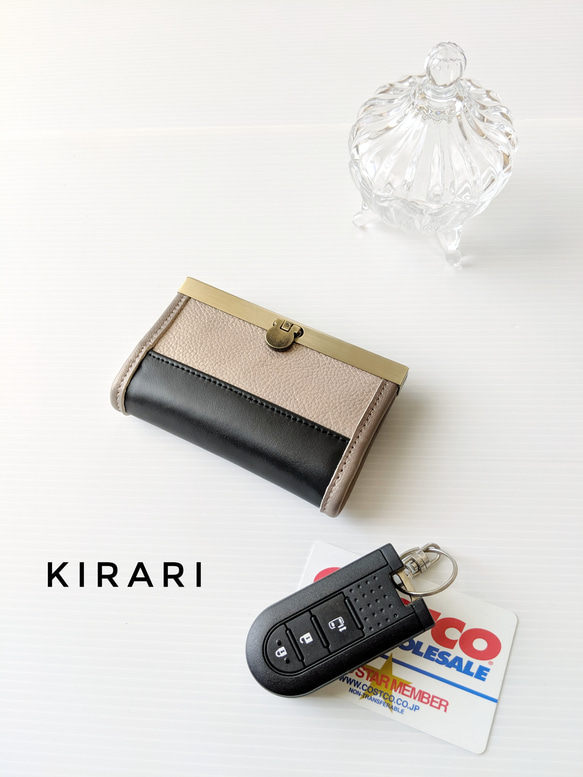 スマートキー＆カードが入るキーケース  シャンパングレージュ色本革×黒色本革♪Dカン&ストラップオプションつき(別料金) 3枚目の画像