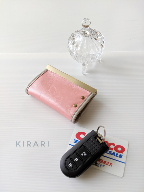 Dカン&ストラップオプション♪スマートキー＆カードが入る直線口金キーケース  クロコ型押しベビーピンク×パールピンク本革 2枚目の画像