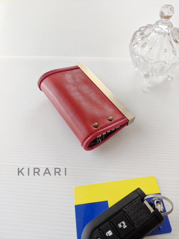 スマートキー＆カードが入る直線口金キーケース  レッド本革×リバティ   Dカン＆ストラップ オプションつき(別料金) 2枚目の画像