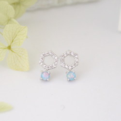 CZ＆オパールピアス　Zirconia&opal Hexagon Pierce 送料無料(E-16p) 2枚目の画像