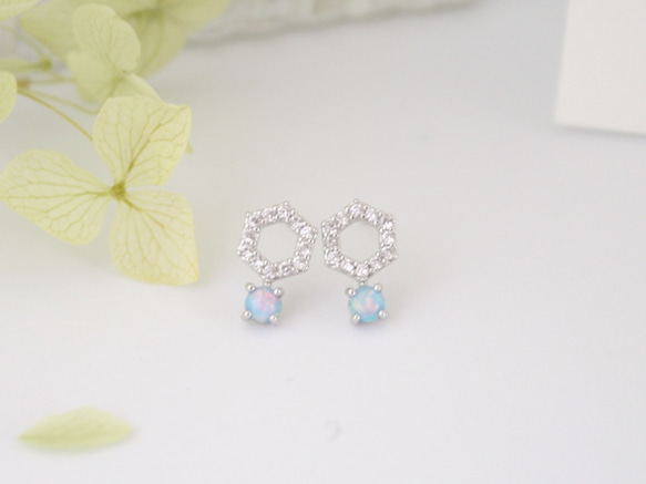 CZ＆オパールピアス　Zirconia&opal Hexagon Pierce 送料無料(E-16p) 2枚目の画像