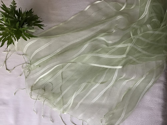 よもぎ染め:シルク＆ビスコースストール ストライプ柄　45cm幅　 2枚目の画像