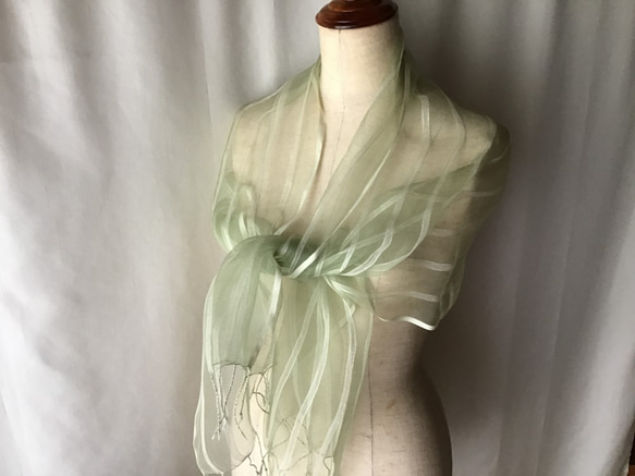 よもぎ染め:シルク＆ビスコースストール ストライプ柄　45cm幅　 3枚目の画像