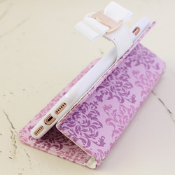 リボン ダマスク柄 紫 ベージュ 手帳型 ケース  iPhoneX 8 7 6 Plus 5 3枚目の画像