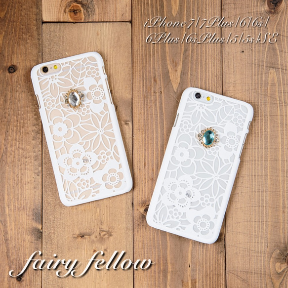 選べるビジュー 花柄 フラワー ホワイト ハードクリアケース iPhoneX 8 7 6s Plus SE 5s 1枚目の画像