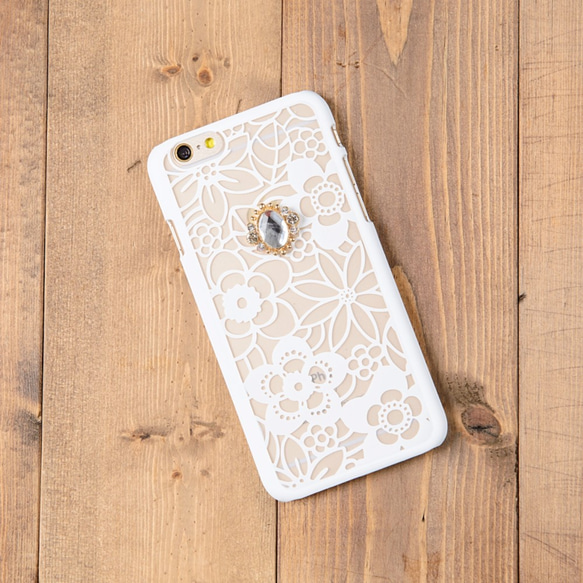 選べるビジュー 花柄 フラワー ホワイト ハードクリアケース iPhoneX 8 7 6s Plus SE 5s 3枚目の画像