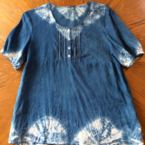 45R 藍染め裾水色絞り模様ノースリーブチュニック 藍染め服 半円絞り チュニック 香奈んち 通販 2976450｜Creema
