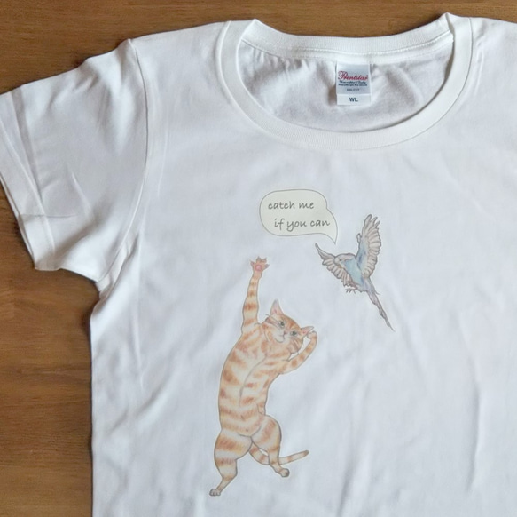 猫と鳥のTシャツ@ナチュラル 3枚目の画像