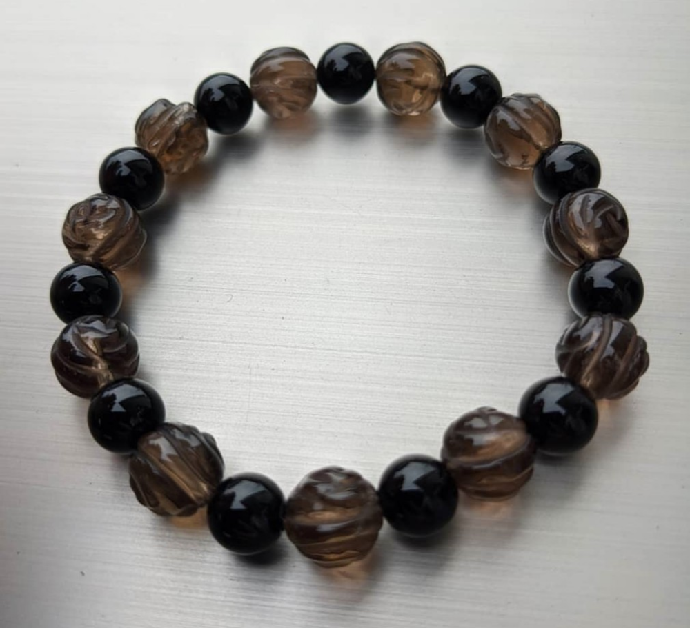 【送料無料】モリオンと薔薇のスモーキークォーツのブレスレット