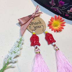 Buddhist earring pink tassel earring 佛頭耳環 第1張的照片