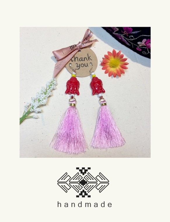 Buddhist earring pink tassel earring 佛頭耳環 第2張的照片