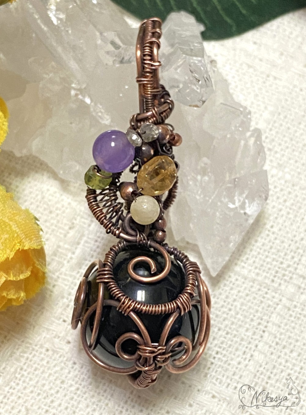 【ワイヤーアクセサリー】モリオン（黒水晶）のスフィアペンダントトップ【送料無料】