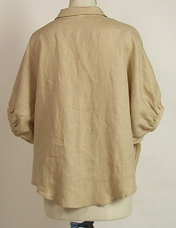 フリー(M～L～LL)　開襟シャツドルマン５分袖/リネン淡いキャメル 4枚目の画像
