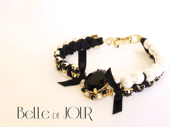 bijou × ribbon bracelet 02【black】 1枚目の画像