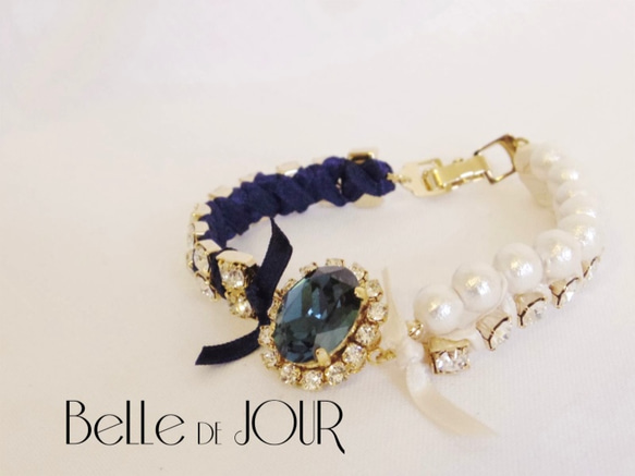 bijou × ribbon bracelet 02【navy】 1枚目の画像