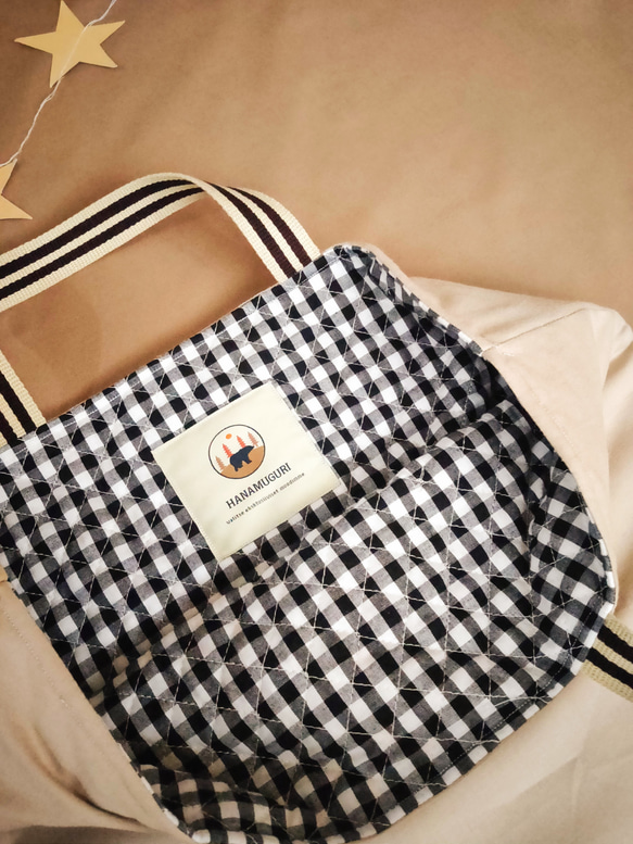 レッスンバッグ　くま×ギンガムチェックキルティング（ブラック） 3枚目の画像