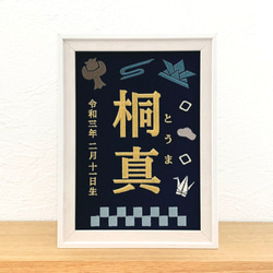 刺繍命名書（ネイビー・選べるフレーム付・２Lサイズ）男の子 | 名入れ | 端午の節句 | こどもの日 | 出産祝い 1枚目の画像