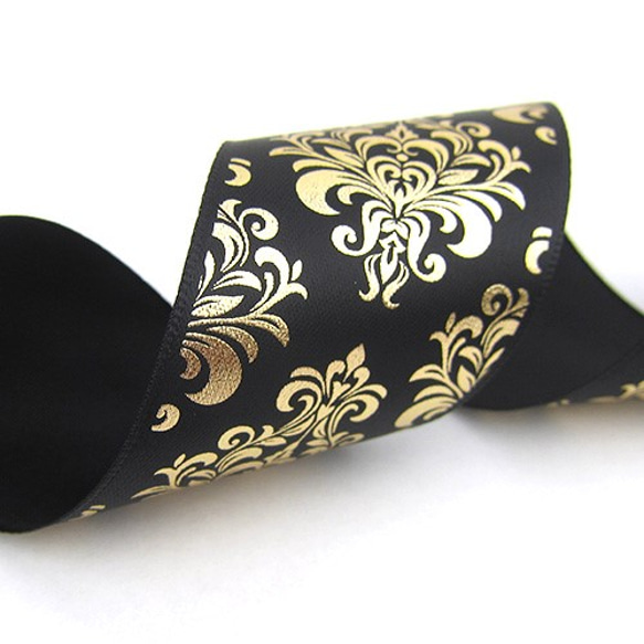 ダマスク柄サテンリボン（Gold foil /Black） 38mm ×1ｍ 3枚目の画像