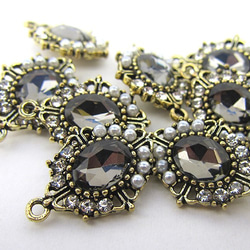 アンティークオーバルチャーム 14mm x 20mm【 Rhinestone & Pearl / Black 】3個 2枚目の画像