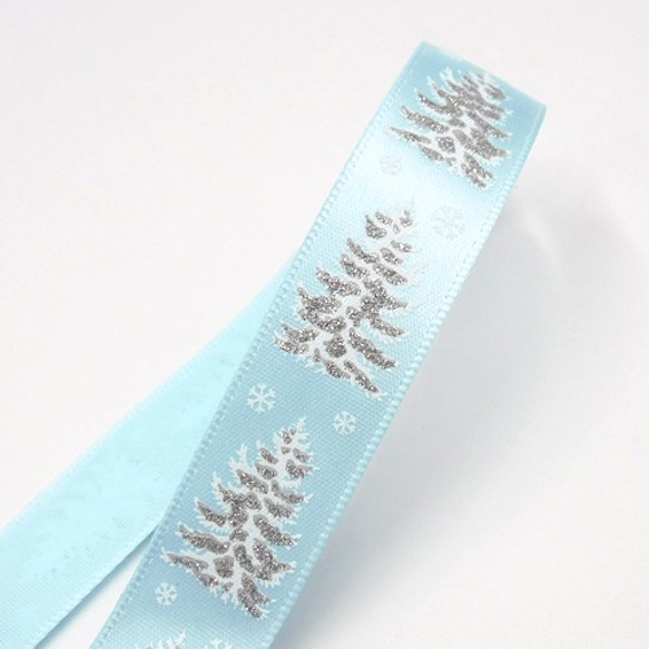 スノーツリー柄サテンリボン（Snow tree / Light blue） 16mm ×1ｍ 2枚目の画像