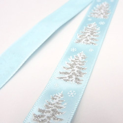 スノーツリー柄サテンリボン（Snow tree / Light blue） 16mm ×1ｍ 4枚目の画像