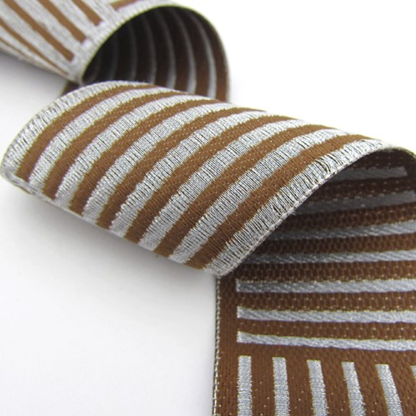 高品質ジャガードリボン【stripes / SILVER×Brown 】42mm×50cm 2枚目の画像