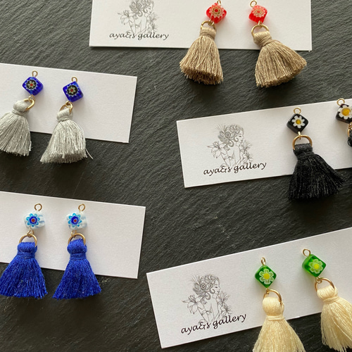 小さなミルフィオリガラス タッセル ピアス/イヤリング ピアス（フック
