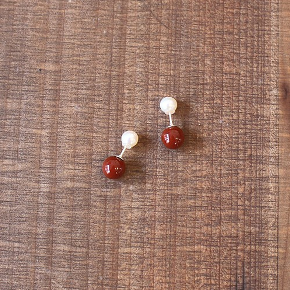 漆塗丸玉耳飾淡水真珠受「首里赤」桜花弁柄　rpc-125 2枚目の画像