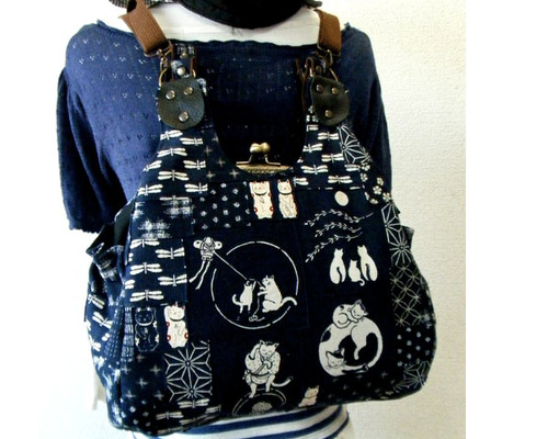 A-koo『受注製作』サークルレース☆黒☆あおり付きがま口バッグ 安曇野木綿＆藍染 パッチ がま口バッグ あおりポケット付き 井桁