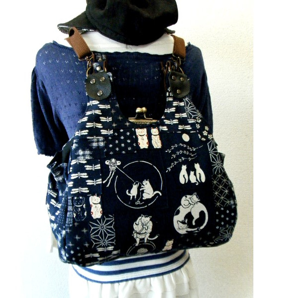 安曇野木綿＆藍染 パッチ がま口バッグ あおりポケット付き 井桁