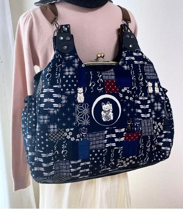 招き猫 特大サイズ 安曇野木綿&藍染 パッチ がま口バッグ 縁起 あおり