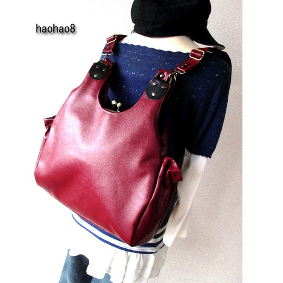 レザー えんじ色 がま口 バッグ あおりポケット付き リュック 