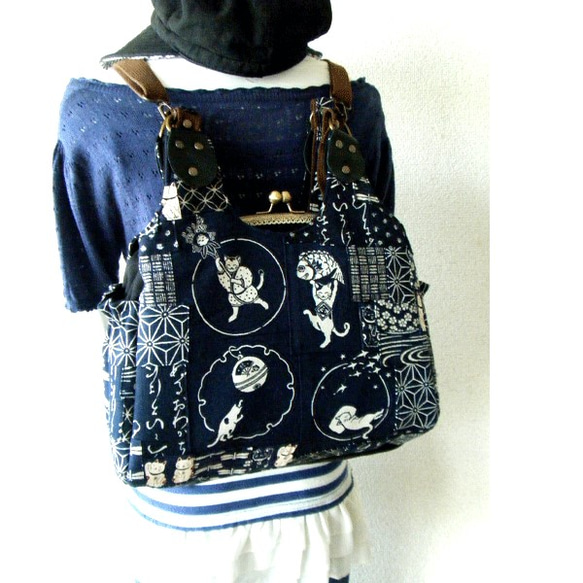 ハンドメイド レザーパッチ がま口バッグ あおり付 リュック 一点もの 