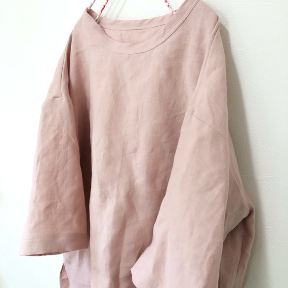 シンプルな七分袖のTトップス☆リネン☆スモーキーピンク 4枚目の画像