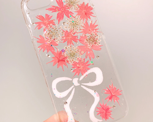 押し花スマホケース　ホログラム入り見本 楽天市場】iPhone ケース 花 フラワー 蓮 キラキラ オーロラ