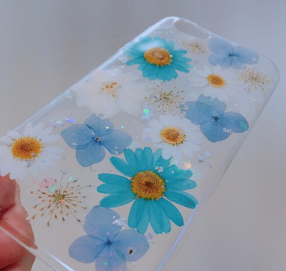 CM掲載暦あり♪晴れやかブルーの押し花スマホケース☆galaxyAQUOSXperia iPhone全機種対応 2枚目の画像