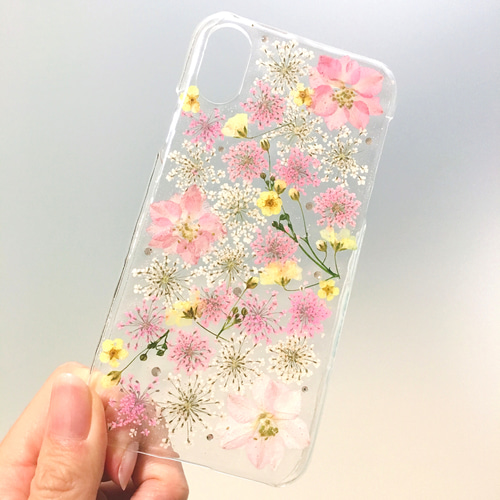 全機種対応】淡い色味のふんわりデザイン☆押し花スマホケース 