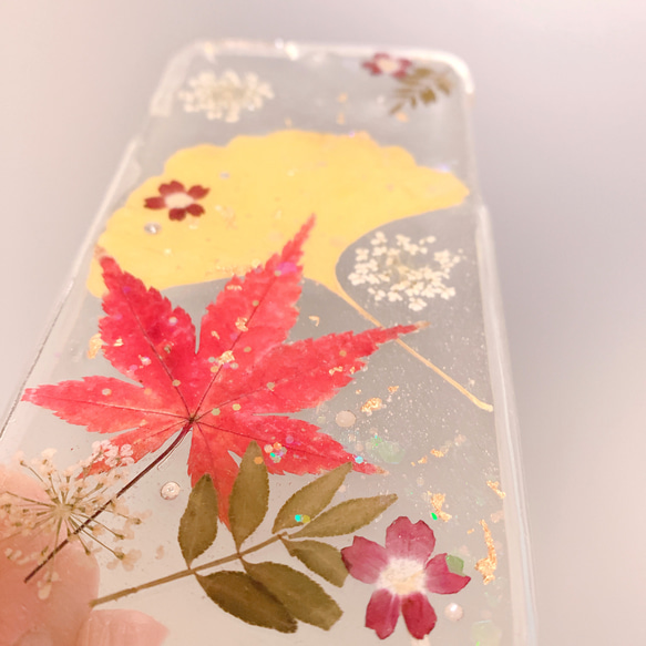 【全機種対応】日本デザイン 紅葉とイチョウ  押し花ケース iPhone XPERIA Galaxy らくらくフォンなど 2枚目の画像