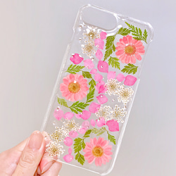 【全機種対応】ピンクグリーン 押し花スマホカバー♡iPhone新機種からAndroid系らくらくフォンすべて対応 1枚目の画像