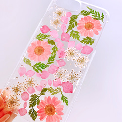 【全機種対応】ピンクグリーン 押し花スマホカバー♡iPhone新機種からAndroid系らくらくフォンすべて対応 3枚目の画像