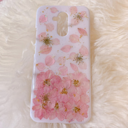 【全機種対応】押し花ケース♡ホワイトベースの春ピンク♡iPhone新機種からXperia GALAXYらくらくフォンなお 1枚目の画像